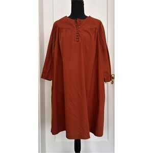 Rust Dress with 3/4 Sleeves, Pleating and Round Collar Size 10